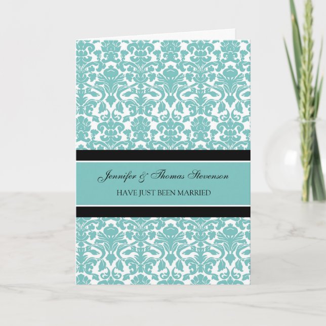 Teal Damask Just Married Announcement Card (Front)