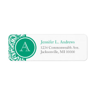 Teal Damask Monogram Address Return Labels