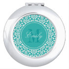 Teal Damask Monogram Compact Mirror Bendel Designs