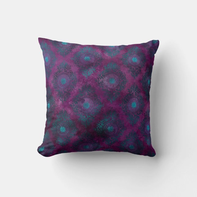 Teal Damask on Purple Cushion (Front)