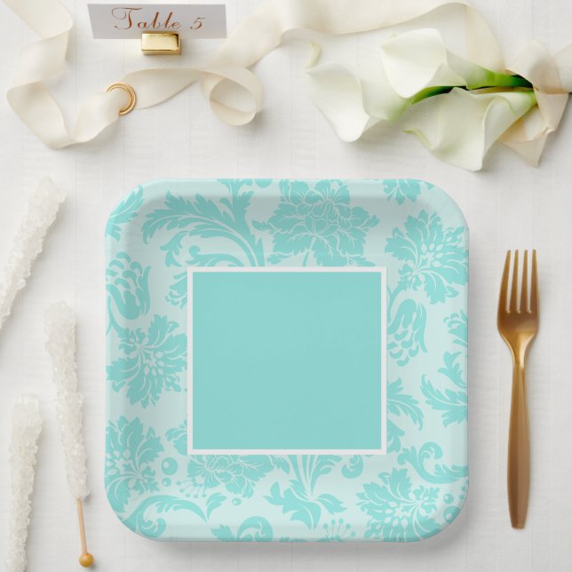 Teal damask paper plate (Wedding)