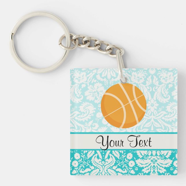 Teal Damask Patten Basketball Key Ring (Front)