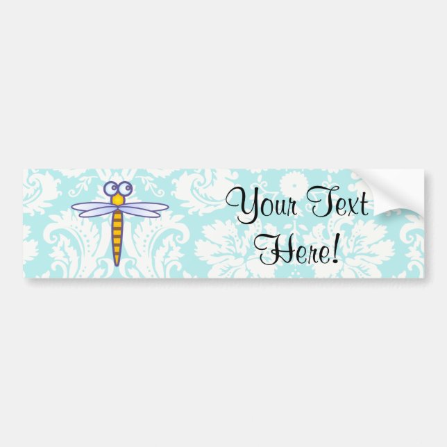 Teal Damask Pattern Dragonfly Bumper Sticker (Front)