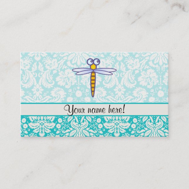 Teal Damask Pattern Dragonfly Business Card (Front)