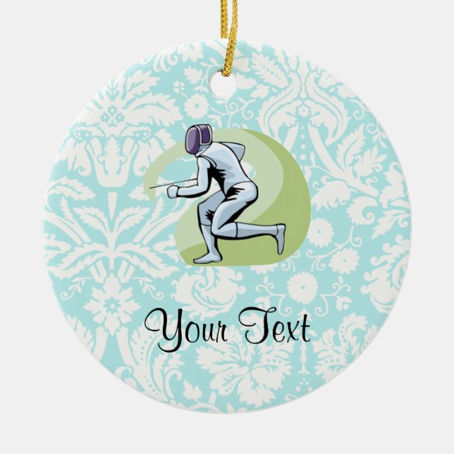 Teal Damask Pattern Fencing Ceramic Ornament (Front)