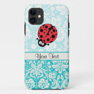 Teal Damask Pattern Ladybug iPhone 11 Case
