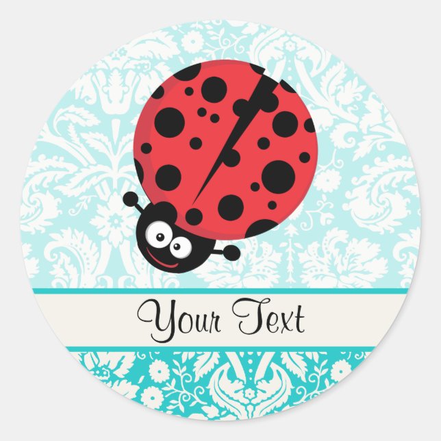 Teal Damask Pattern Ladybug Classic Round Sticker (Front)