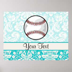 Teal Damask Pattern Softball Poster