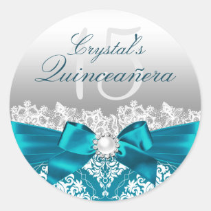 Teal Damask & Pearl Bow Quinceanera Sticker