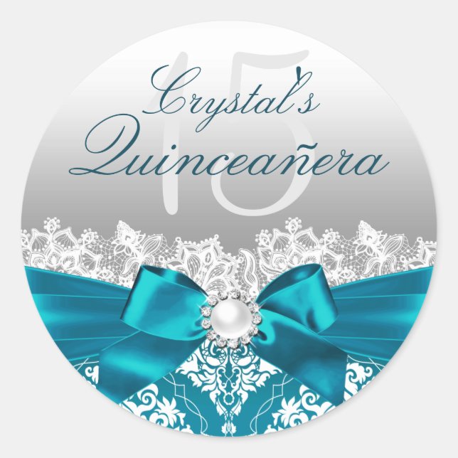 Teal Damask & Pearl Bow Quinceanera Sticker (Front)