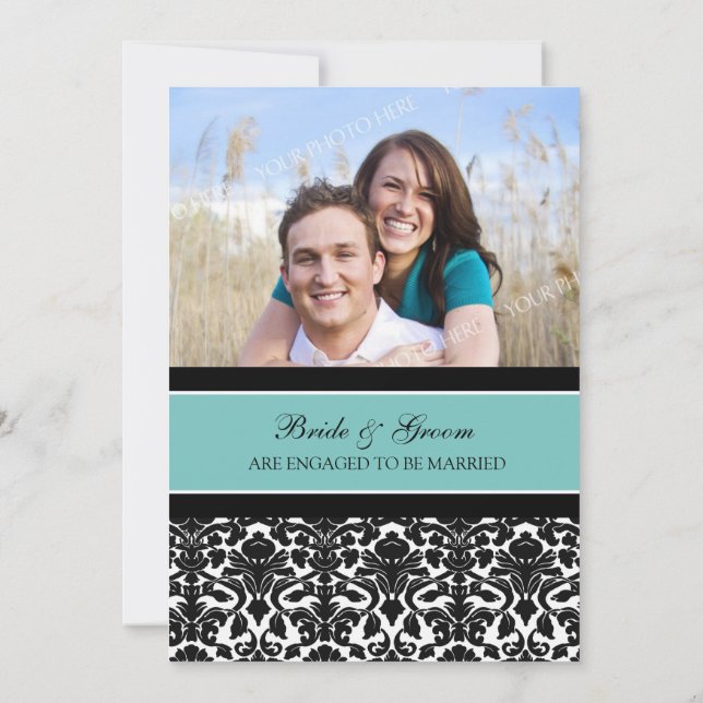 Teal Damask Photo Engagement Party Invitations (Back)