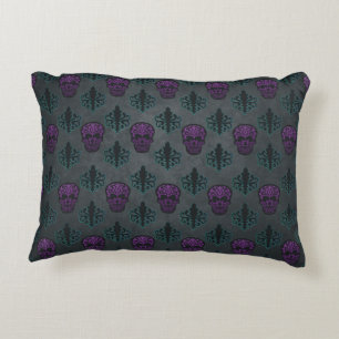 Teal Damask Purple Skull Decorative Cushion