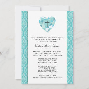Teal Damask Quinceanera Invitations