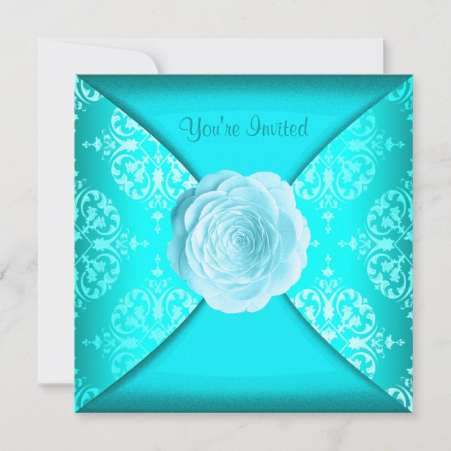 Teal Damask Rose Teal Blue All Occasion Invitation (Front)