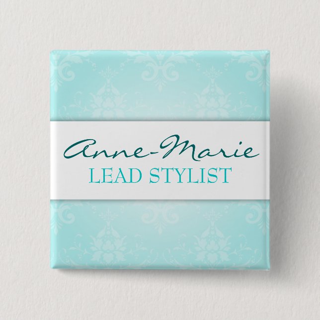 Teal Damask Salon Name Badge (Front)