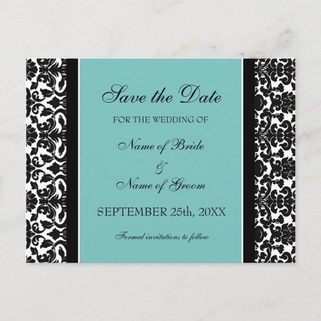 Teal Damask Save the Date Wedding Postcards (Front)