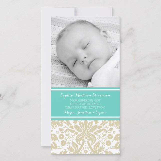 Teal Damask Thank You Baby Shower Photo Cards (Front)