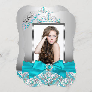 Teal Damask Tiara Photo Quinceanera Invite