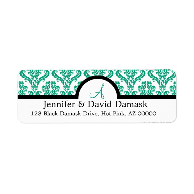 Teal Damask Wedding Monogram Address Labels (Front)