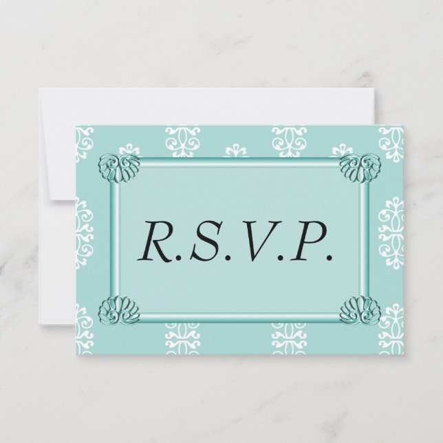 Teal Damask Wedding RSVP (Front)