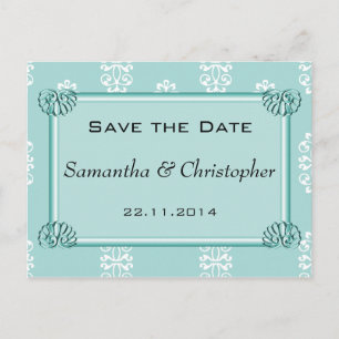 Teal Damask Wedding Save the Date Announcement Postcard