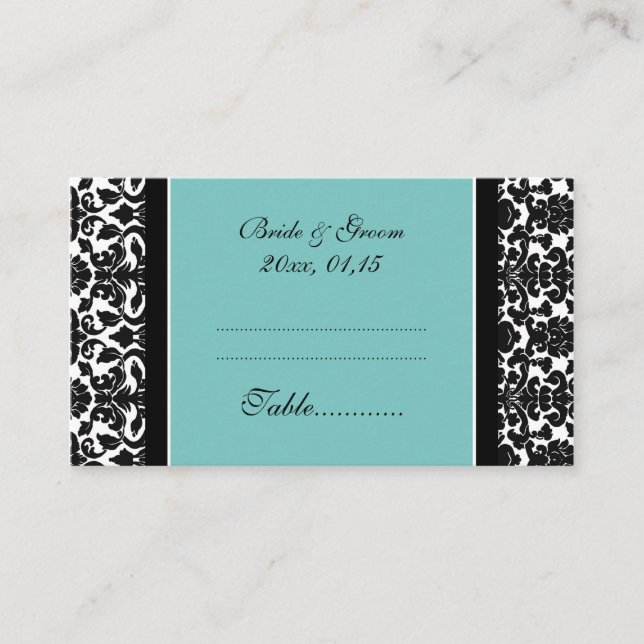 Teal Damask Wedding Table Place Setting Cards (Front)