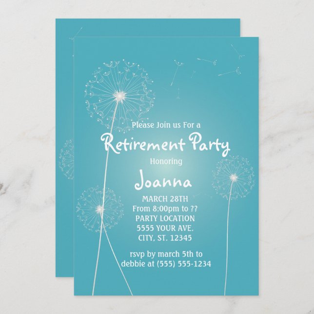 Teal Dandelion, Retirement Party Invitations (Front/Back)