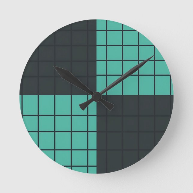 Teal Dark Gray Grid Pattern Modern Minimalist  Round Clock (Front)