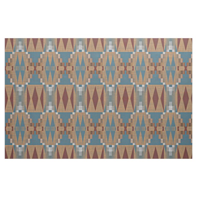 Teal Dark Red Tan Brown Ethnic Mosaic Pattern Fabric (Fat Quarter)