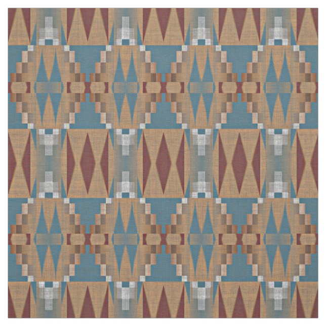 Teal Dark Red Tan Brown Ethnic Mosaic Pattern Fabric (Swatch)