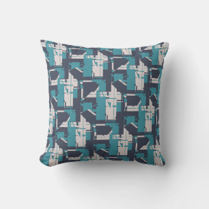 Teal Dark Slate Blue Light Grey MCM Look Art Tiles Cushion