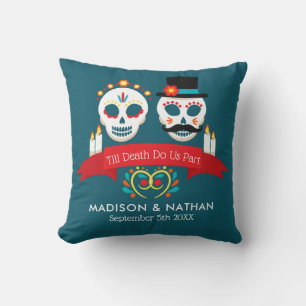 Teal Day of the Dead Sugar Skull Name Wedding Cushion