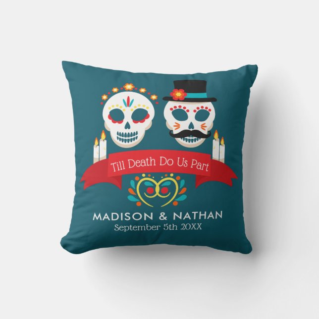Teal Day of the Dead Sugar Skull Name Wedding Cushion (Front)