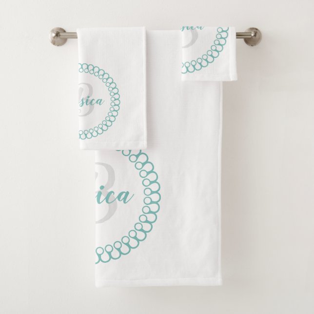Teal Decorative Circle Monogram Bath Towel Set (Insitu)