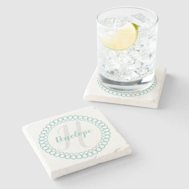 Teal Decorative Circle Monogram Coaster (Side)