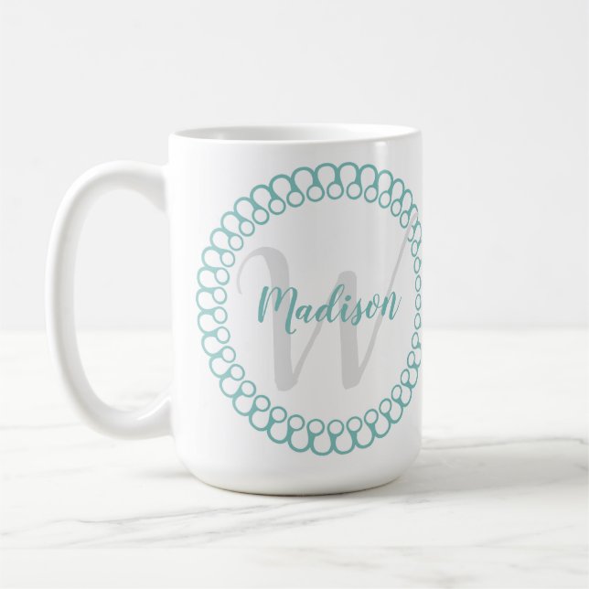 Teal Decorative Circle Personalise Monogram Mug (Left)
