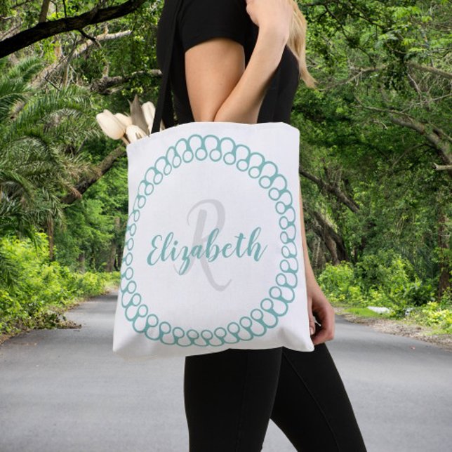 Teal Decorative Circle Personalise Monogram Tote Bag (Teal Decorative Circle Personalize Monogram Tote Bag)