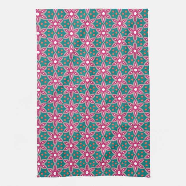 Teal + Deep Pink geometric floral Pattern Tea Towel (Vertical)