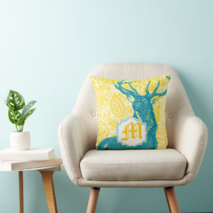 Teal Deer on Yellow Vintage Floral Pattern Cushion
