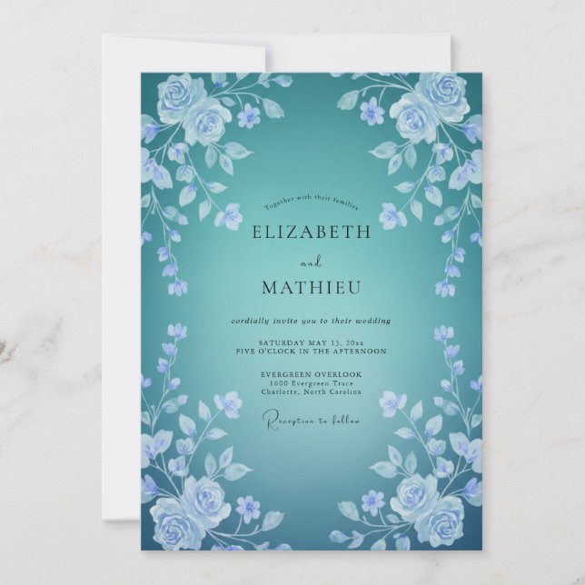 Teal Delicate Floral Blossom Wedding Invitation (Front)