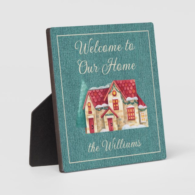 Teal Denim Print Holiday Welcome Plaque 5.25-in Sq (Front)