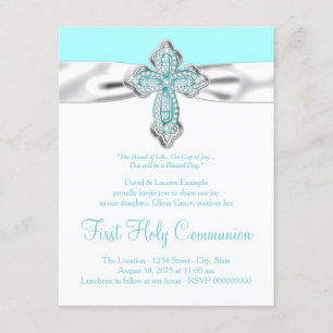 Teal Diamond Cross Girls First Communion Invitation