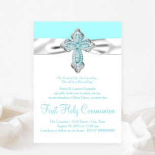 Teal Diamond Cross Girls Teal Blue First Communion Invitation