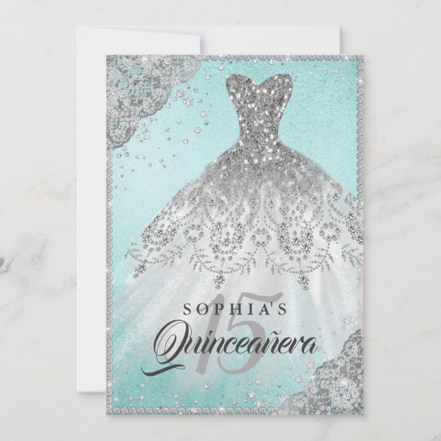 Teal Diamond Lace Sparkle Gown Quinceanera Invitation (Front)