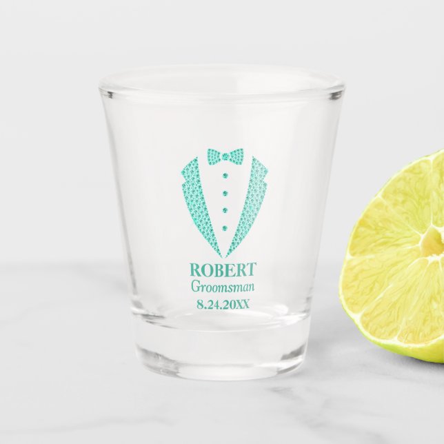 Teal Diamond Pattern Groomsmen Tuxedo Proposal Shot Glass (Front)