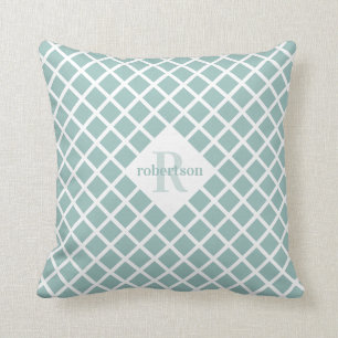 Teal Diamond Pattern Modern Monogram Cushion
