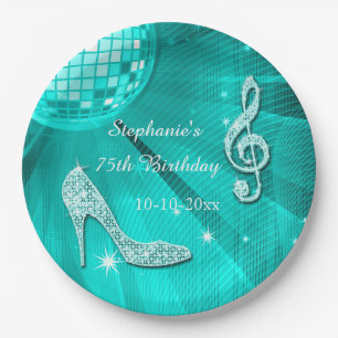 Teal Disco Ball and Heels 75th Birthday Paper Plate
