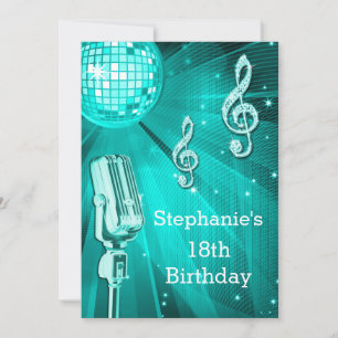 Teal Disco Ball and Retro Microphone 18th Birthday Invitation