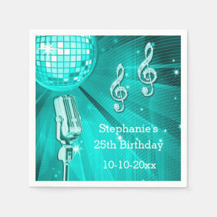 Teal Disco Ball and Retro Microphone 25th Birthday Napkin