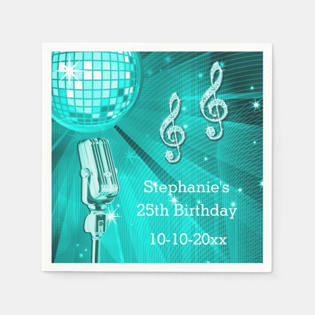 Teal Disco Ball and Retro Microphone 25th Birthday Napkin (Front)